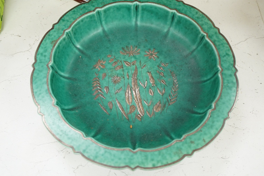 A Gustavsberg Argenta ware footed dish, a signed maiolica charger and a studio pottery crackle glazed bowl, largest 35cm